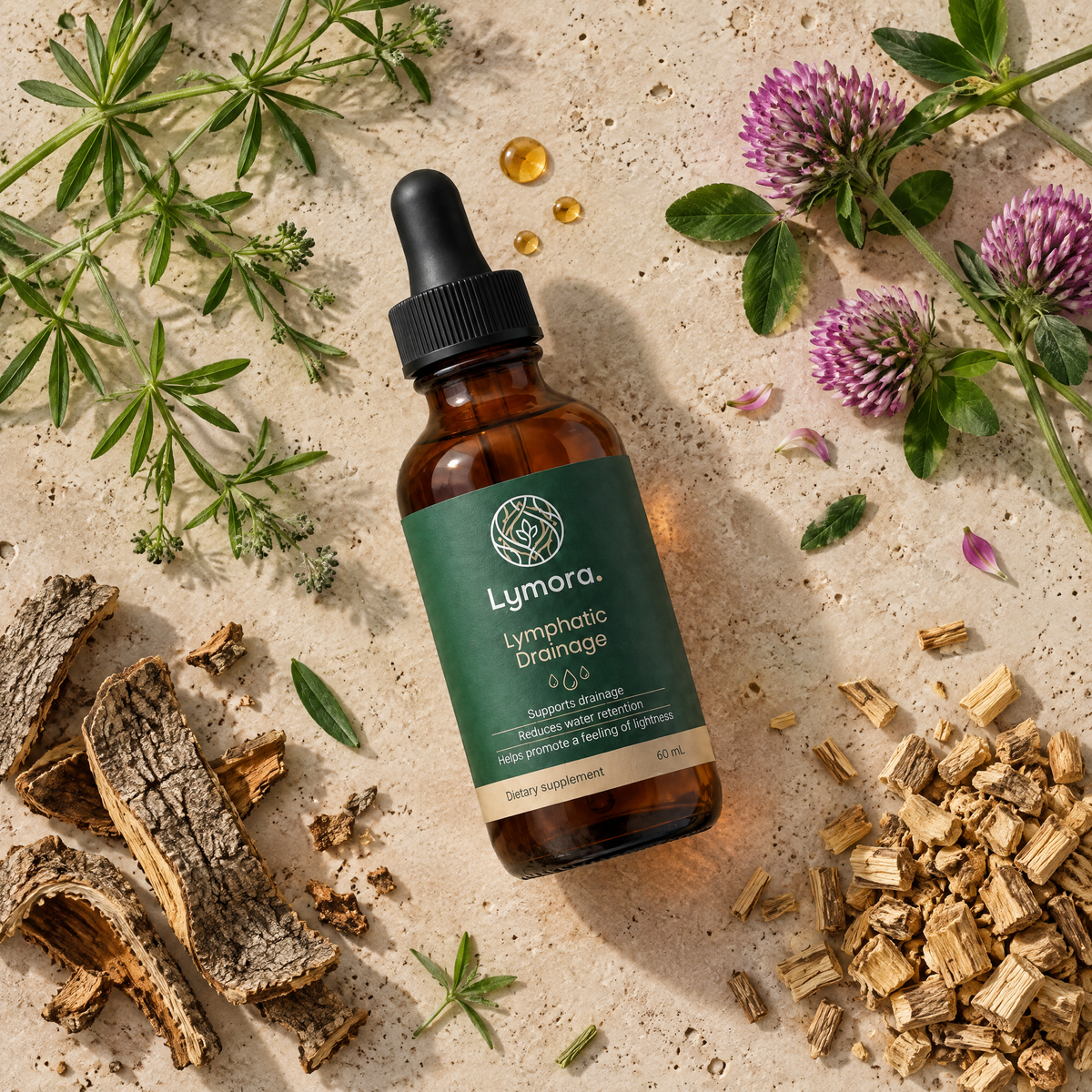 Lymora dropper bottle with the four botanicals